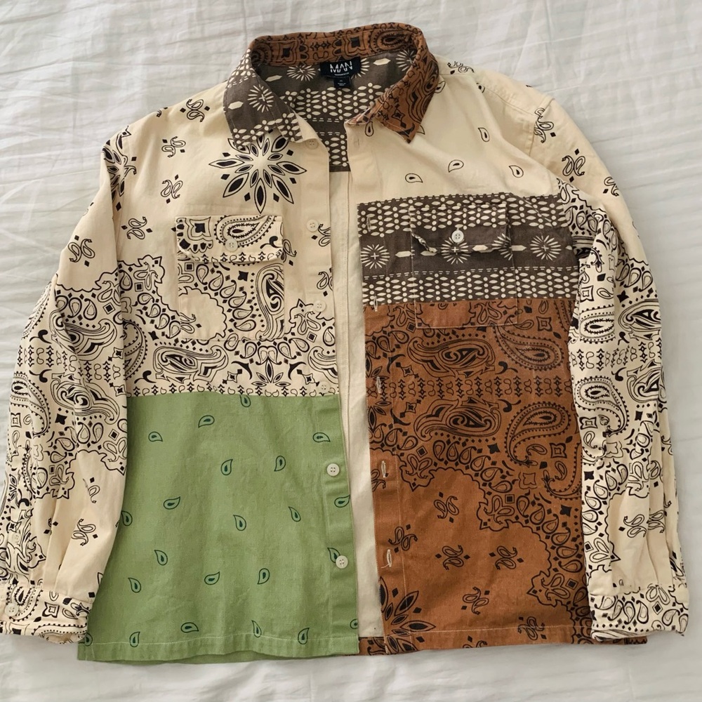 XL Men’s Boohoo Patchwork Bandana Button-Down Shirt in Cream, Green & Brown